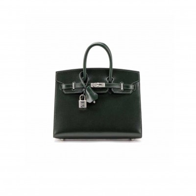 HERMÈS BIRKIN 25 SELLIER VERT FONCE BOX CALF PALLADIUM HARDWARE  (25*20*13cm)
